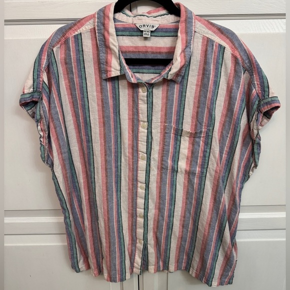 Orvis Tops - Orvis Women's Linen Blend Striped Button-Down Shirt - Pink, Blue, Green XXL.